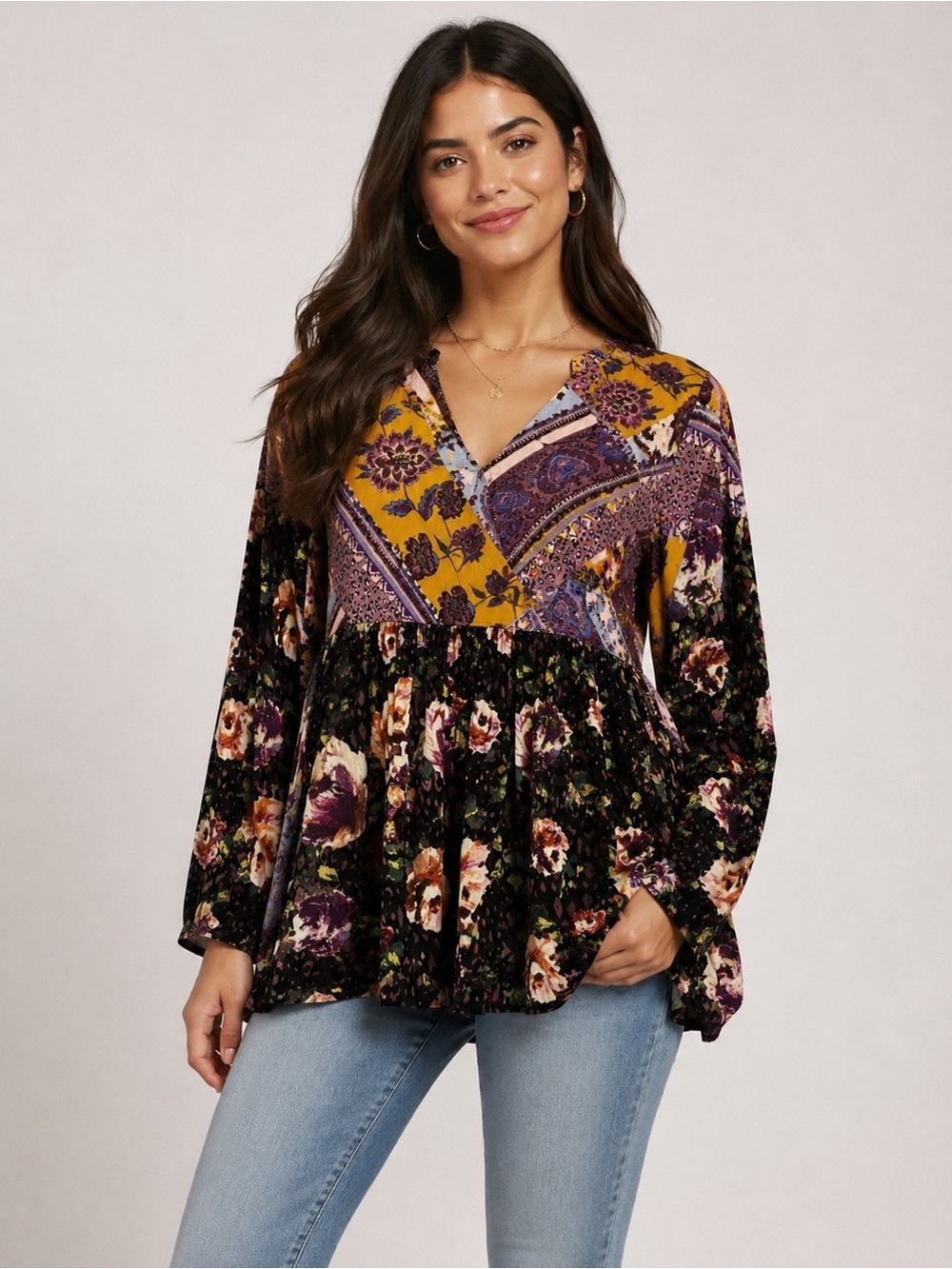 ODDI Women’s Boho Floral Patchwork Babydoll Tunic Top Size M Long Sleeve